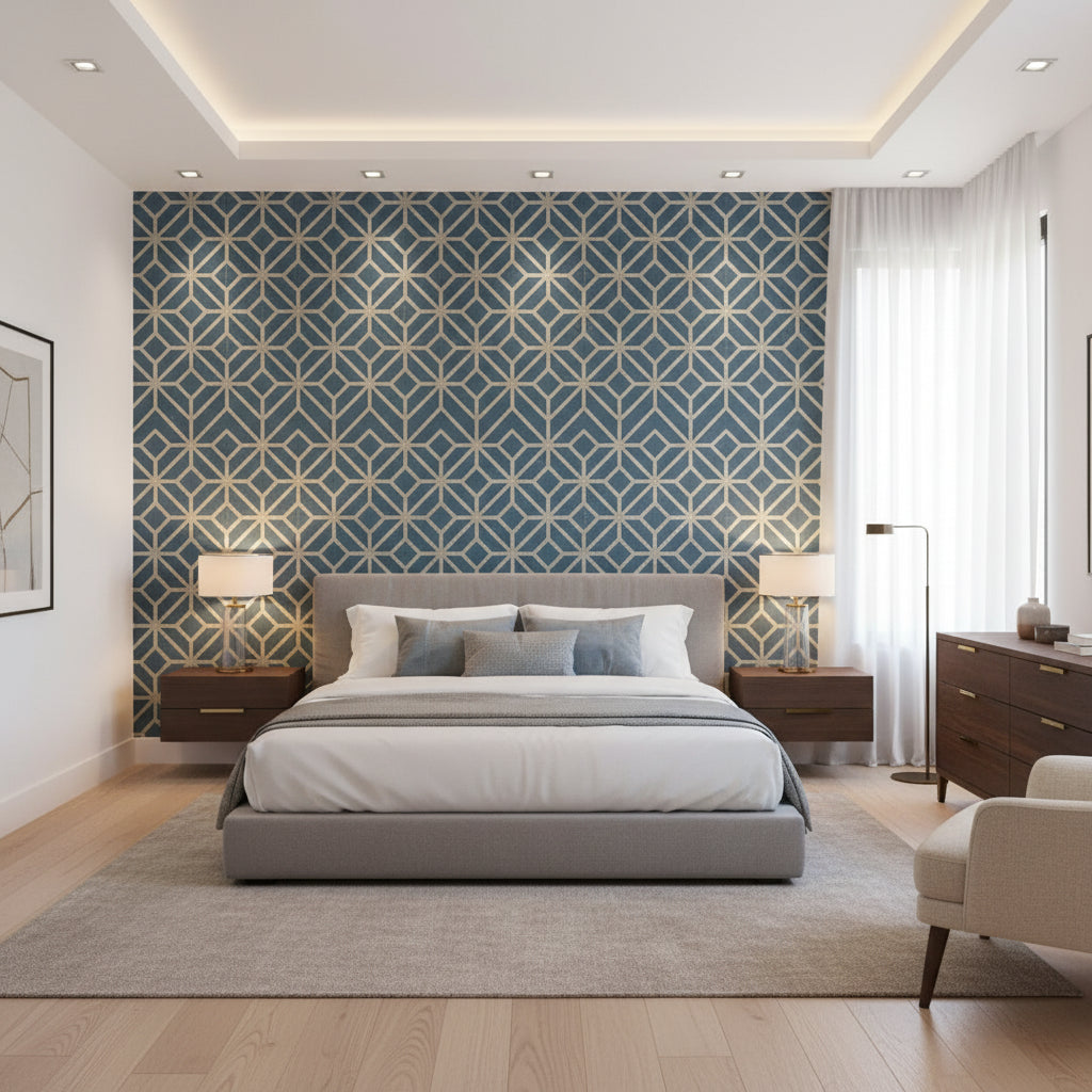Mamora Trellis Cork Mineral on Metallic Pewter | Thibaut Wallcoverings - Bedroom Visualization (AI-generated, may not be to scale. Verify pattern scale with product specifications.)