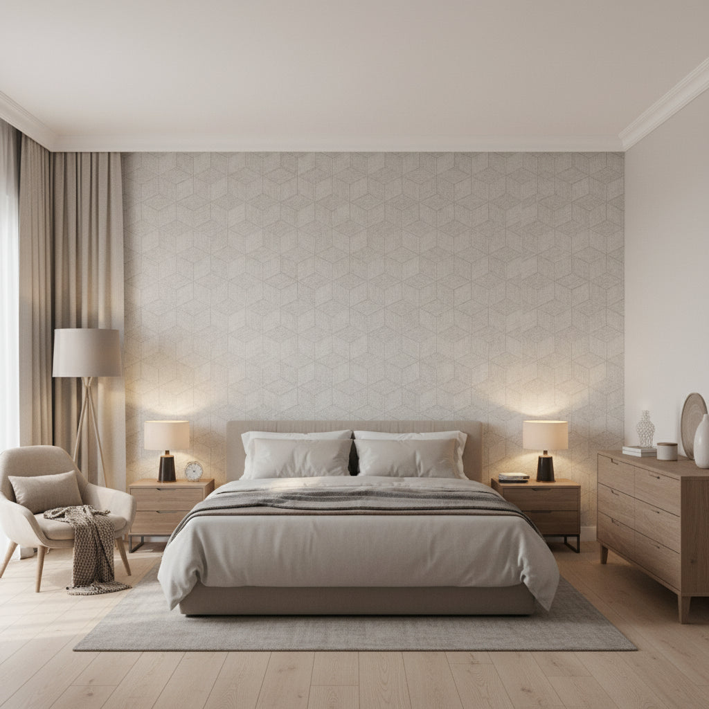 Milano Square Grey | Thibaut Wallcoverings - Bedroom Visualization (AI-generated, may not be to scale. Verify pattern scale with product specifications.)