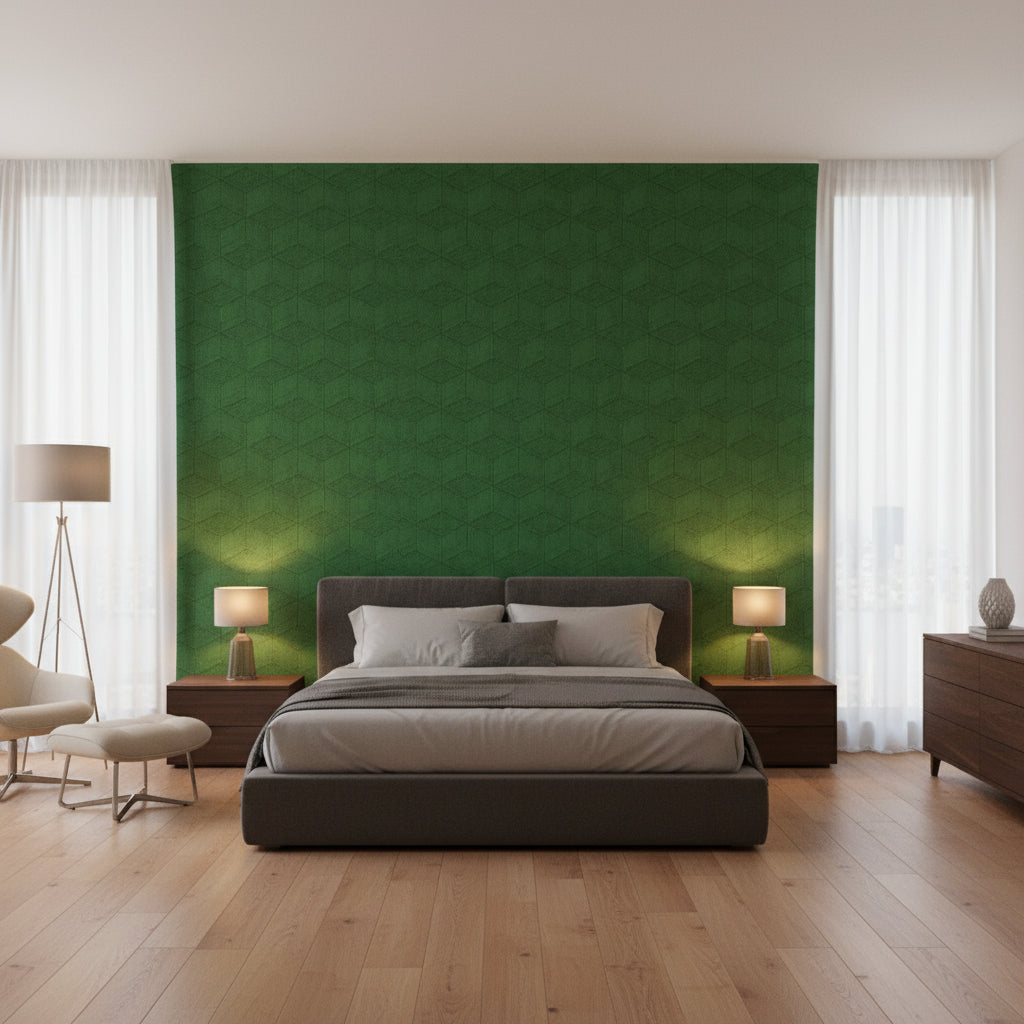 Milano Square Emerald | Thibaut Wallcoverings - Bedroom Visualization (AI-generated, may not be to scale. Verify pattern scale with product specifications.)