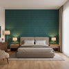 Milano Square Teal | Thibaut Wallcoverings - Bedroom Visualization (AI-generated, may not be to scale. Verify pattern scale with product specifications.)