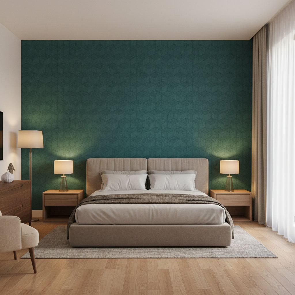 Milano Square Teal | Thibaut Wallcoverings - Bedroom Visualization (AI-generated, may not be to scale. Verify pattern scale with product specifications.)
