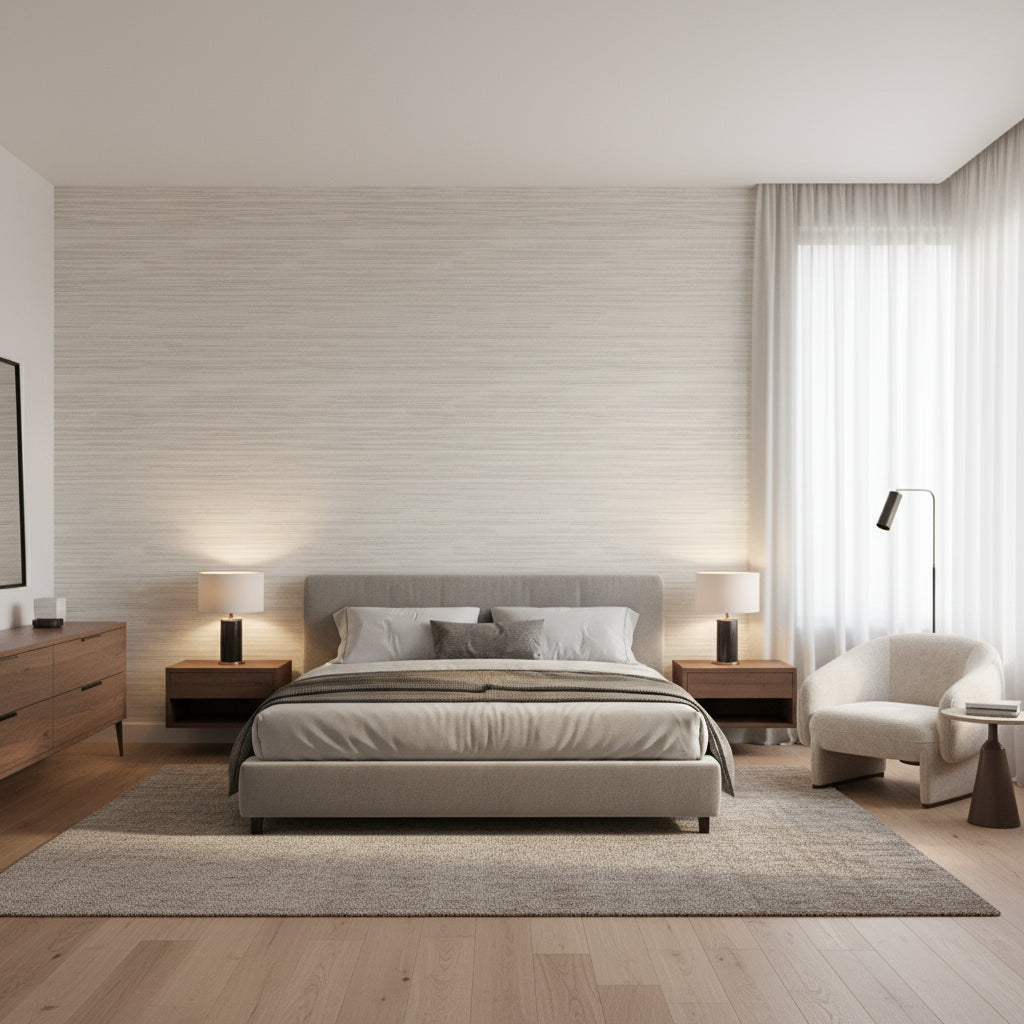 Morada Bay Grey | Thibaut Wallcoverings - Bedroom Visualization (AI-generated, may not be to scale. Verify pattern scale with product specifications.)