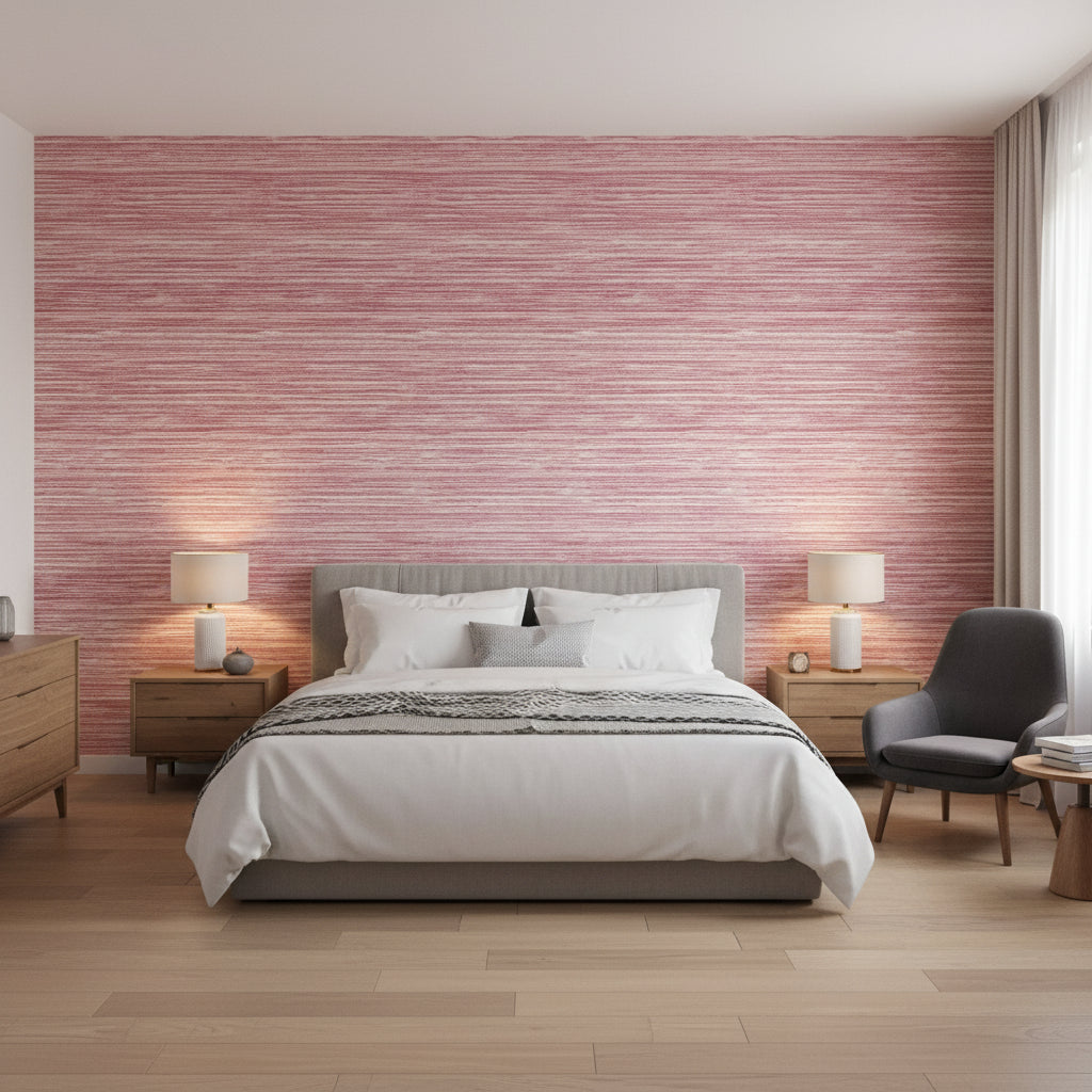 Morada Bay Raspberry | Thibaut Wallcoverings - Bedroom Visualization (AI-generated, may not be to scale. Verify pattern scale with product specifications.)