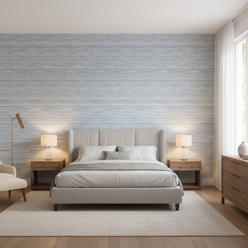 Morada Bay Slate | Thibaut Wallcoverings - Bedroom Visualization (AI-generated, may not be to scale. Verify pattern scale with product specifications.)