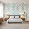 Box Kite Turquoise | Thibaut Wallcoverings - Bedroom Visualization (AI-generated, may not be to scale. Verify pattern scale with product specifications.)
