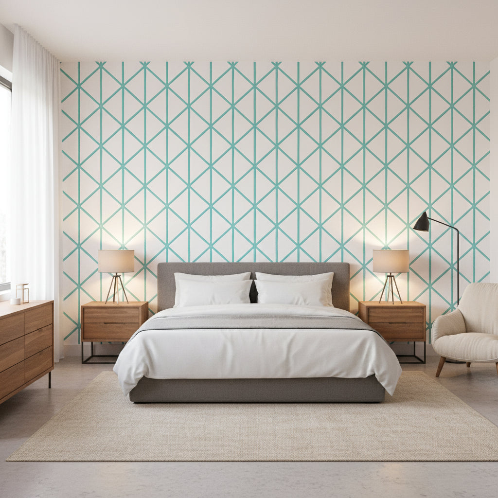 Box Kite Turquoise | Thibaut Wallcoverings - Bedroom Visualization (AI-generated, may not be to scale. Verify pattern scale with product specifications.)