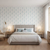 Box Kite Spa Blue | Thibaut Wallcoverings - Bedroom Visualization (AI-generated, may not be to scale. Verify pattern scale with product specifications.)