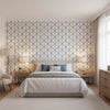 Box Kite Navy | Thibaut Wallcoverings - Bedroom Visualization (AI-generated, may not be to scale. Verify pattern scale with product specifications.)