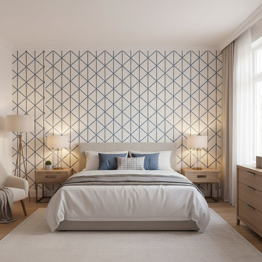 Box Kite Navy | Thibaut Wallcoverings - Bedroom Visualization (AI-generated, may not be to scale. Verify pattern scale with product specifications.)