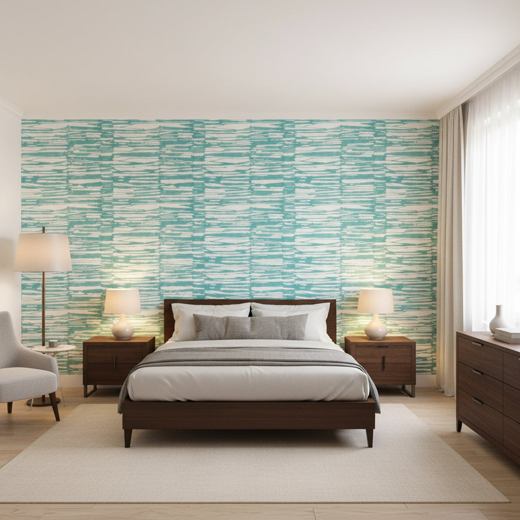Ischia Turquoise | Thibaut Wallcoverings - Bedroom Visualization (AI-generated, may not be to scale. Verify pattern scale with product specifications.)