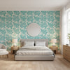 Marine Coral Turquoise | Thibaut Wallcoverings - Bedroom Visualization (AI-generated, may not be to scale. Verify pattern scale with product specifications.)