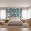 Marine Coral Navy | Thibaut Wallcoverings - Bedroom Visualization (AI-generated, may not be to scale. Verify pattern scale with product specifications.)