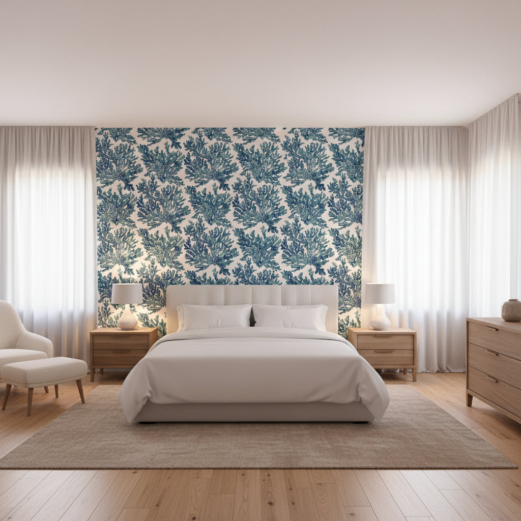 Marine Coral Navy | Thibaut Wallcoverings - Bedroom Visualization (AI-generated, may not be to scale. Verify pattern scale with product specifications.)