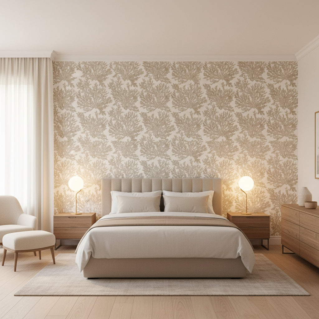 Marine Coral Beige | Thibaut Wallcoverings - Bedroom Visualization (AI-generated, may not be to scale. Verify pattern scale with product specifications.)