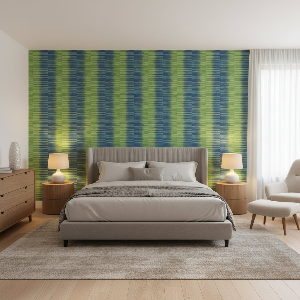 Mekong Stripe Green and Blue | Thibaut Wallcoverings - Bedroom Visualization (AI-generated, may not be to scale. Verify pattern scale with product specifications.)