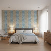 Mekong Stripe Spa Blue and Beige | Thibaut Wallcoverings - Bedroom Visualization (AI-generated, may not be to scale. Verify pattern scale with product specifications.)