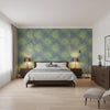 Palm Frond Navy and Green | Thibaut Wallcoverings - Bedroom Visualization (AI-generated, may not be to scale. Verify pattern scale with product specifications.)