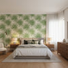 Palm Frond Green and White | Thibaut Wallcoverings - Bedroom Visualization (AI-generated, may not be to scale. Verify pattern scale with product specifications.)