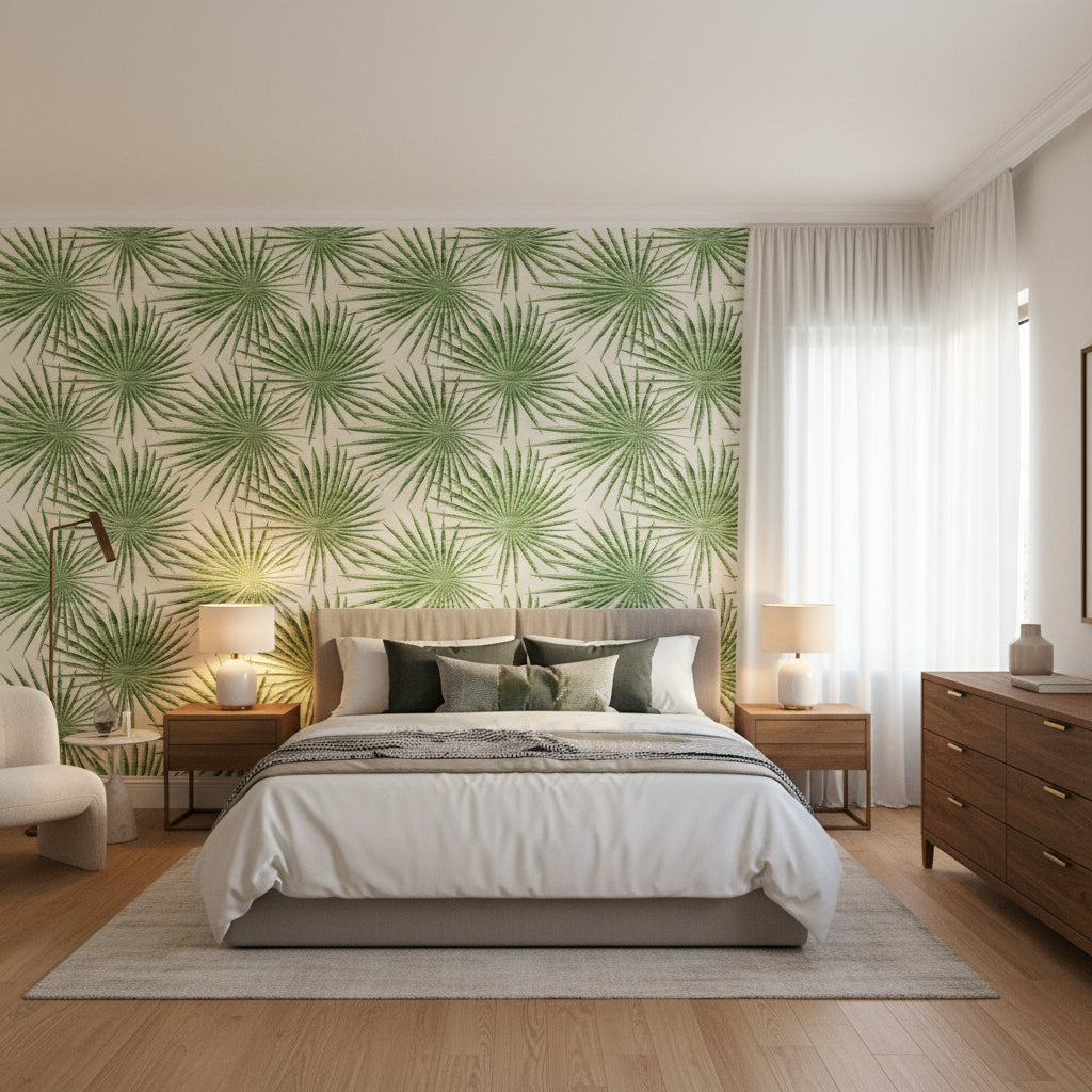 Palm Frond Green and White | Thibaut Wallcoverings - Bedroom Visualization (AI-generated, may not be to scale. Verify pattern scale with product specifications.)