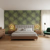 Palm Frond Black and Green | Thibaut Wallcoverings - Bedroom Visualization (AI-generated, may not be to scale. Verify pattern scale with product specifications.)