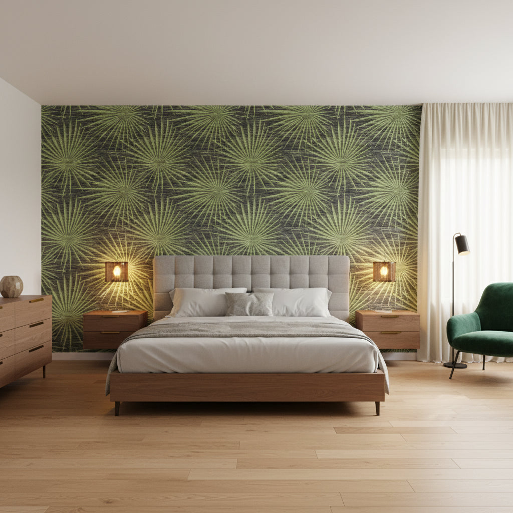 Palm Frond Black and Green | Thibaut Wallcoverings - Bedroom Visualization (AI-generated, may not be to scale. Verify pattern scale with product specifications.)