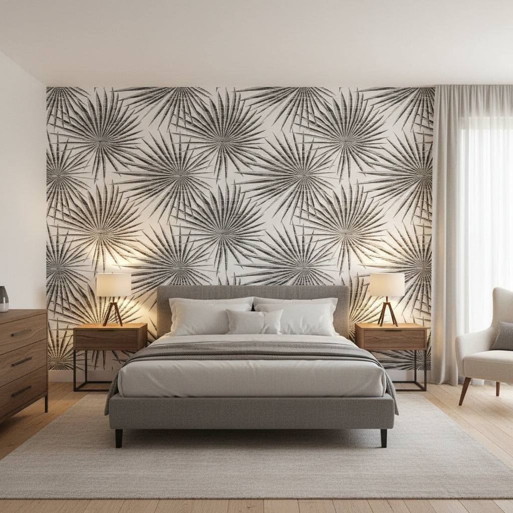 Palm Frond Black and White | Thibaut Wallcoverings - Bedroom Visualization (AI-generated, may not be to scale. Verify pattern scale with product specifications.)