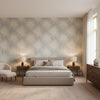 Palm Frond Metallic Silver on Beige | Thibaut Wallcoverings - Bedroom Visualization (AI-generated, may not be to scale. Verify pattern scale with product specifications.)