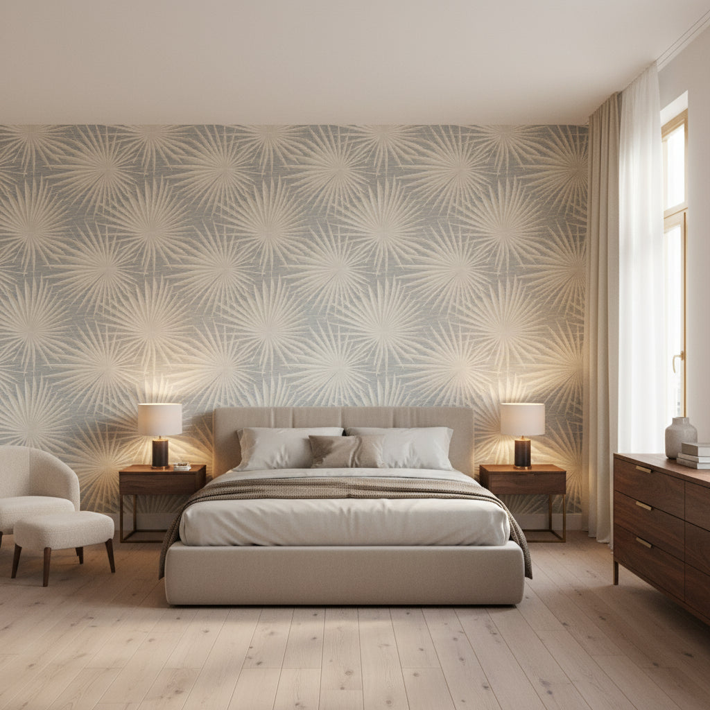 Palm Frond Metallic Silver on Beige | Thibaut Wallcoverings - Bedroom Visualization (AI-generated, may not be to scale. Verify pattern scale with product specifications.)