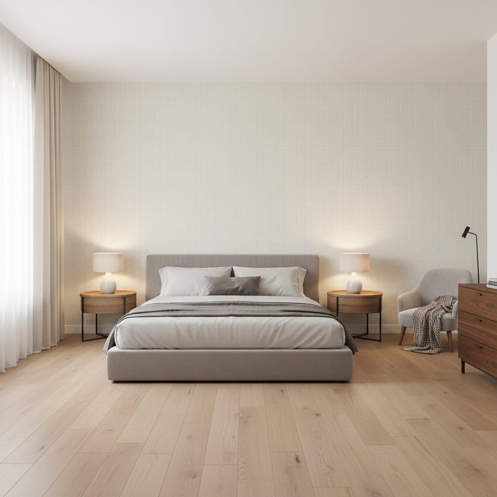 Pinellas Beige | Thibaut Wallcoverings - Bedroom Visualization (AI-generated, may not be to scale. Verify pattern scale with product specifications.)