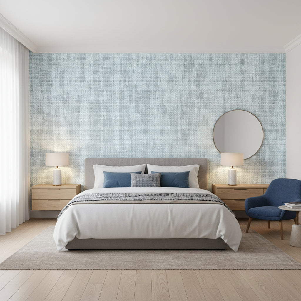 Pinellas Spa Blue | Thibaut Wallcoverings - Bedroom Visualization (AI-generated, may not be to scale. Verify pattern scale with product specifications.)