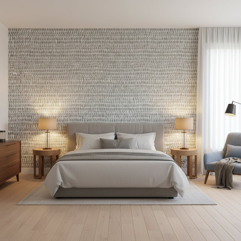 Rain Water Grey | Thibaut Wallcoverings - Bedroom Visualization (AI-generated, may not be to scale. Verify pattern scale with product specifications.)