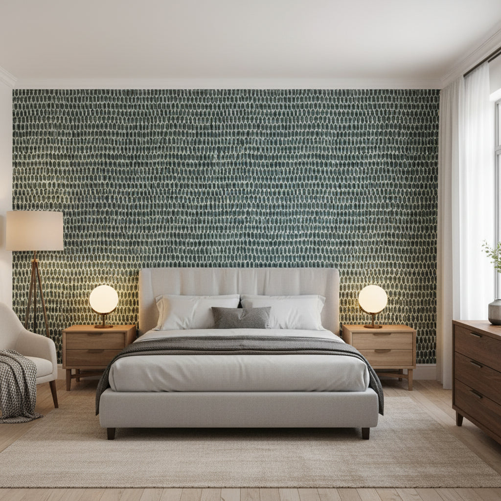 Rain Water Black | Thibaut Wallcoverings - Bedroom Visualization (AI-generated, may not be to scale. Verify pattern scale with product specifications.)