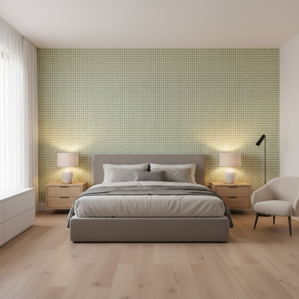 Baker Weave Green | Thibaut Wallcoverings - Bedroom Visualization (AI-generated, may not be to scale. Verify pattern scale with product specifications.)