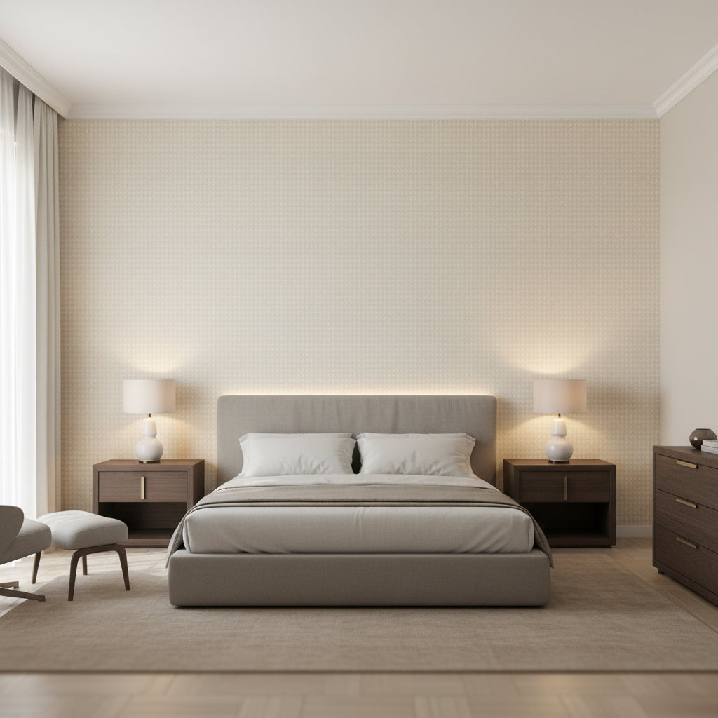 Baker Weave Beige | Thibaut Wallcoverings - Bedroom Visualization (AI-generated, may not be to scale. Verify pattern scale with product specifications.)