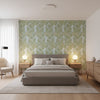 Desmond Aqua and Green | Thibaut Wallcoverings - Bedroom Visualization (AI-generated, may not be to scale. Verify pattern scale with product specifications.)