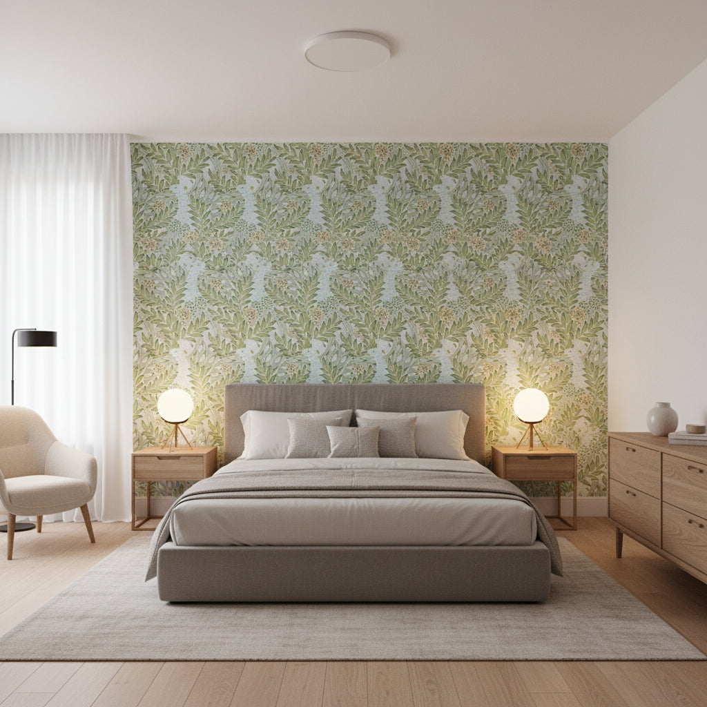 Desmond Aqua and Green | Thibaut Wallcoverings - Bedroom Visualization (AI-generated, may not be to scale. Verify pattern scale with product specifications.)