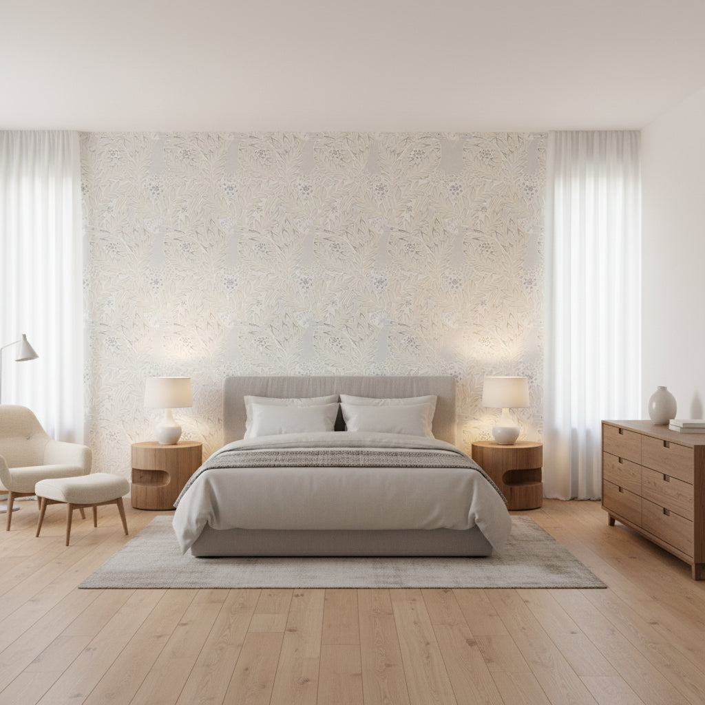 Desmond Pearl | Thibaut Wallcoverings - Bedroom Visualization (AI-generated, may not be to scale. Verify pattern scale with product specifications.)
