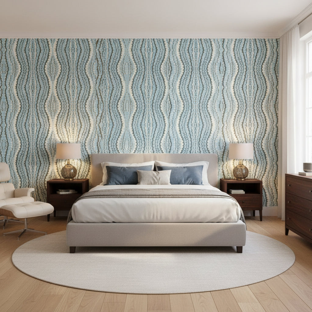 Ebru Aqua | Thibaut Wallcoverings - Bedroom Visualization (AI-generated, may not be to scale. Verify pattern scale with product specifications.)