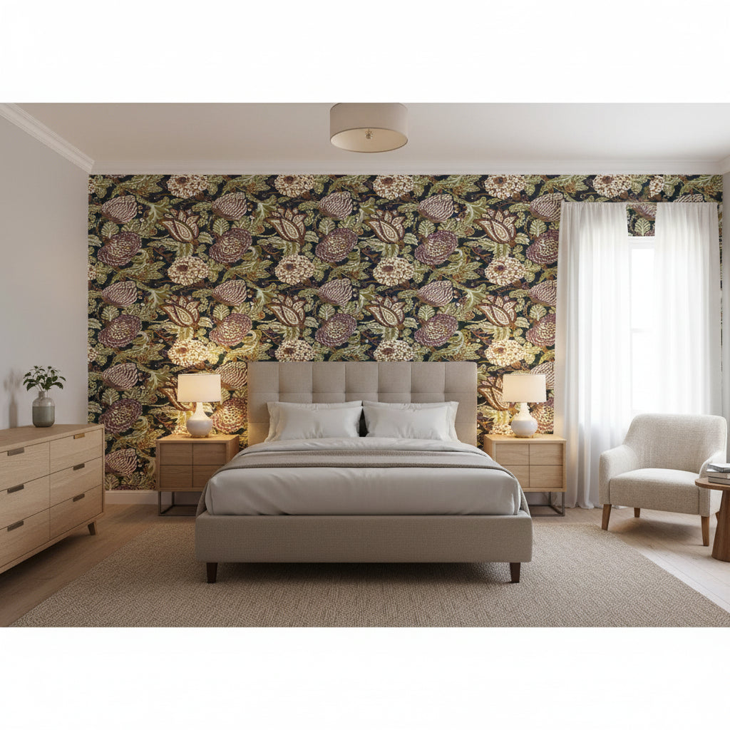 Mitford Black and Plum | Thibaut Wallcoverings - Bedroom Visualization (AI-generated, may not be to scale. Verify pattern scale with product specifications.)