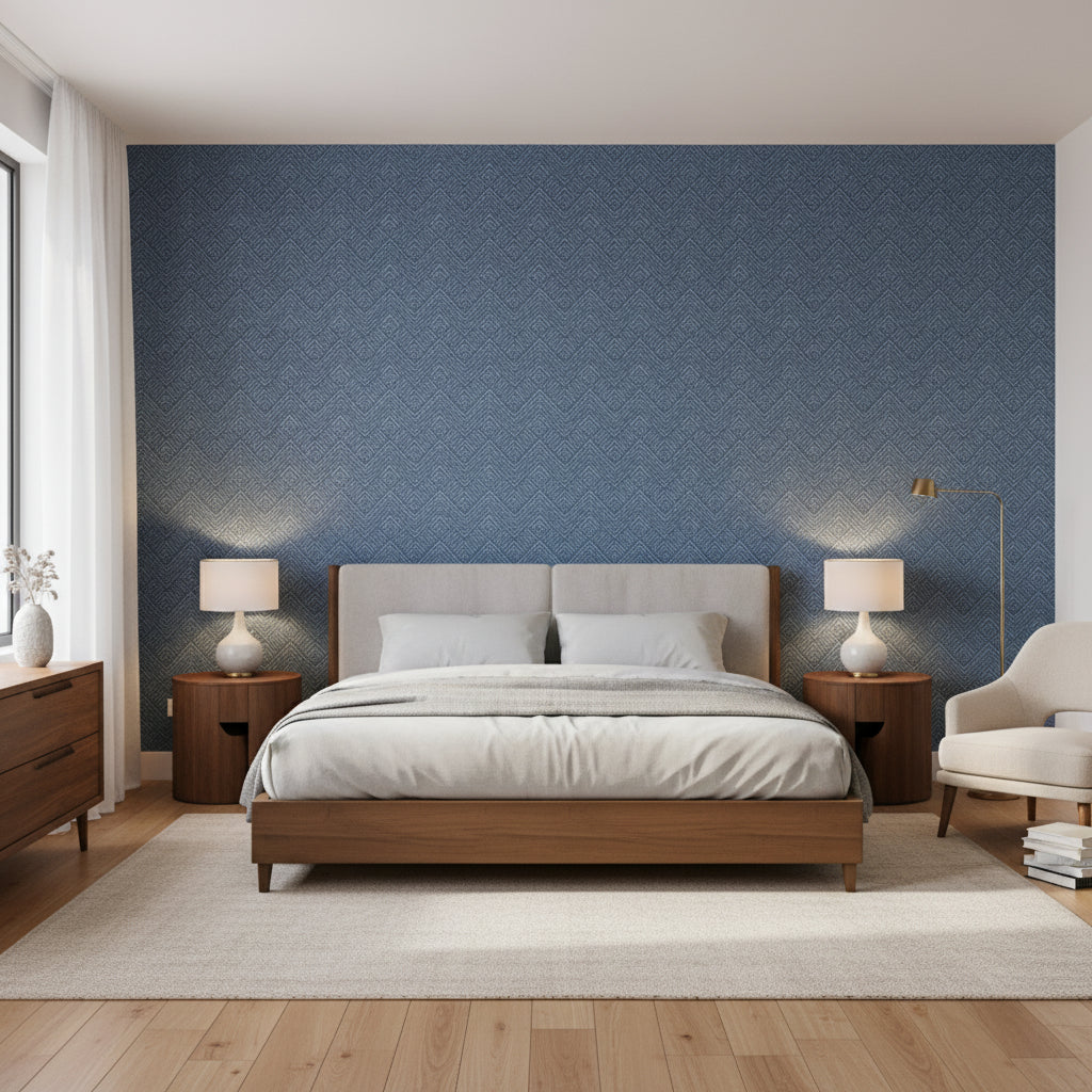 Oslo Chevron Navy | Thibaut Wallcoverings - Bedroom Visualization (AI-generated, may not be to scale. Verify pattern scale with product specifications.)