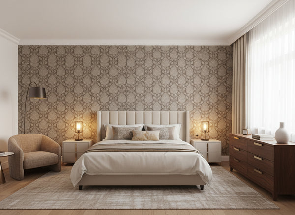 Balmuccia Damask Pewter on Chestnut Wallcovering