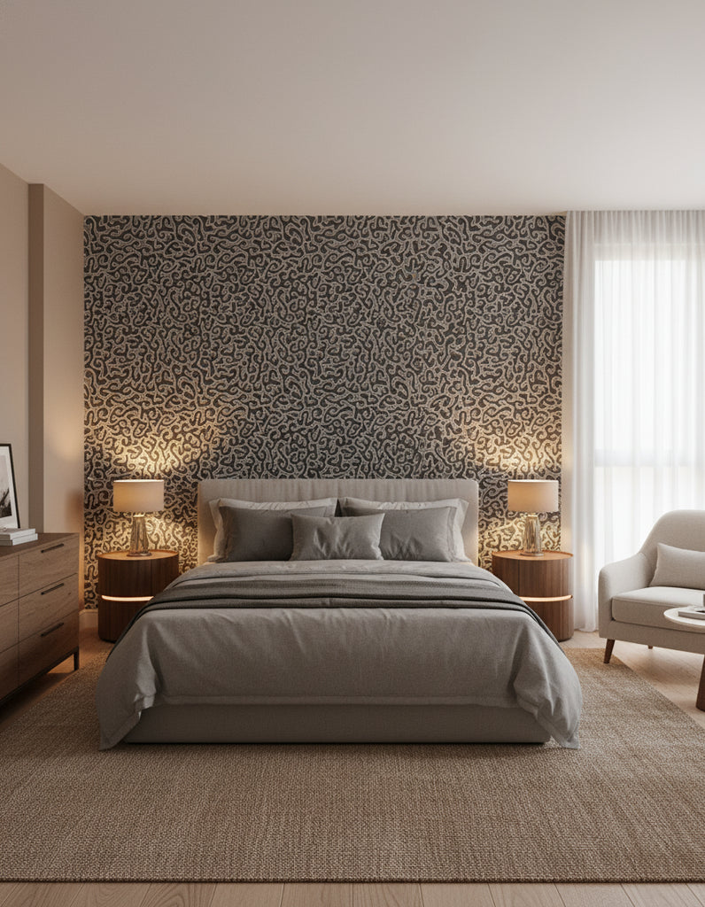 Java | Graphite Wallpaper - Bedroom Visualization (AI-generated, may not be to scale. Verify pattern scale with product specifications.)