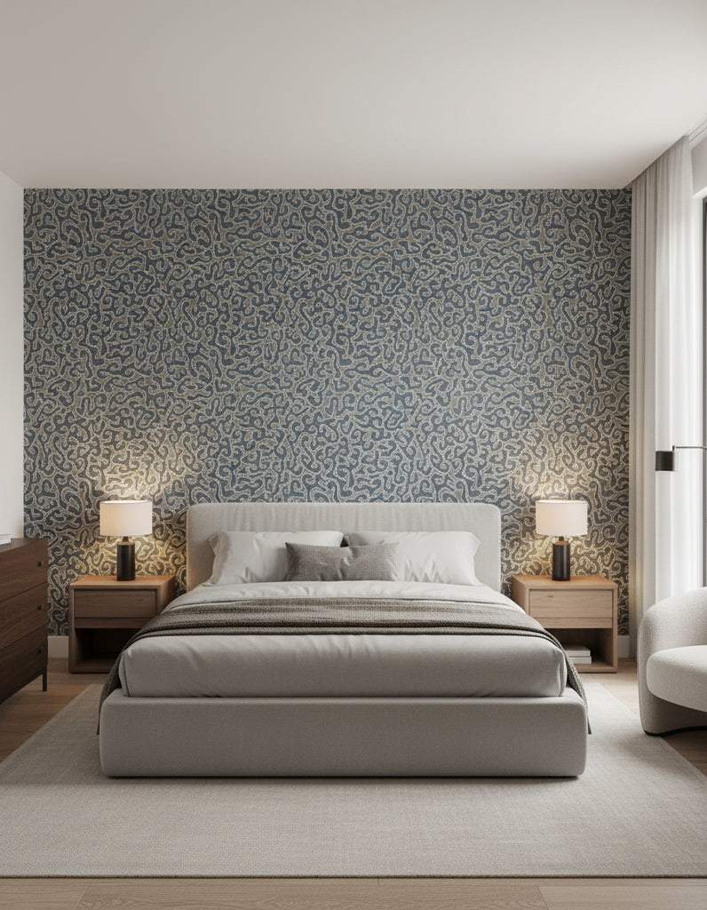 Java | Indigo Wallpaper - Bedroom Visualization (AI-generated, may not be to scale. Verify pattern scale with product specifications.)