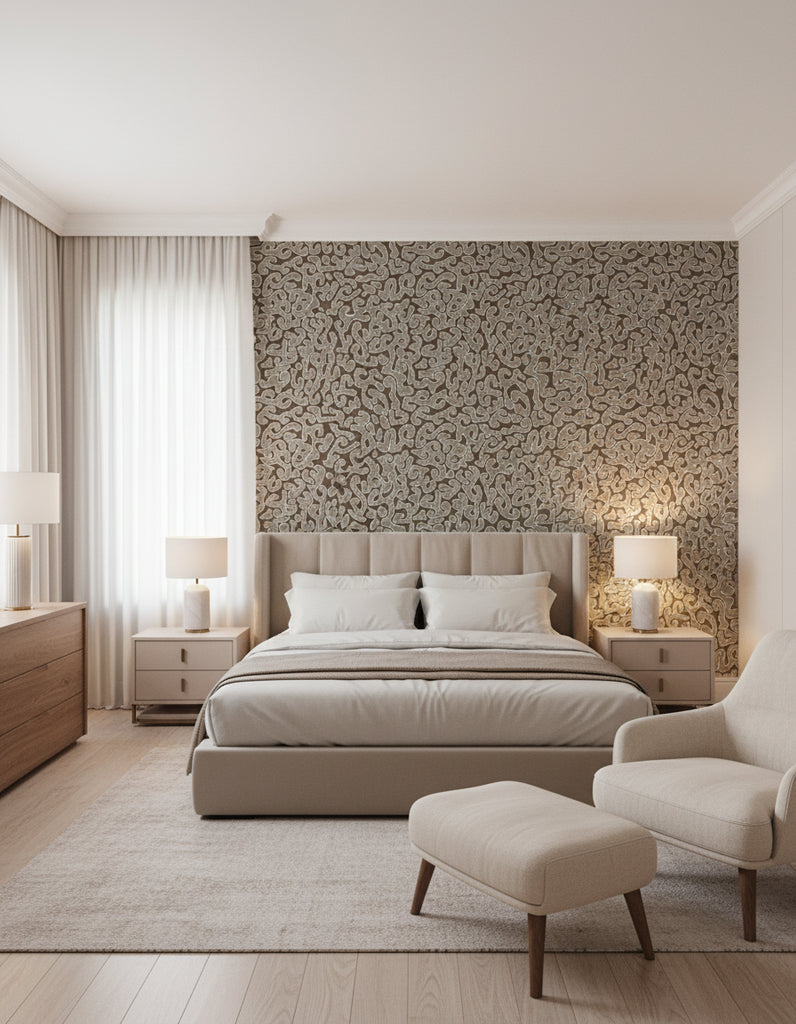 Java | Olive Wallpaper - Bedroom Visualization (AI-generated, may not be to scale. Verify pattern scale with product specifications.)