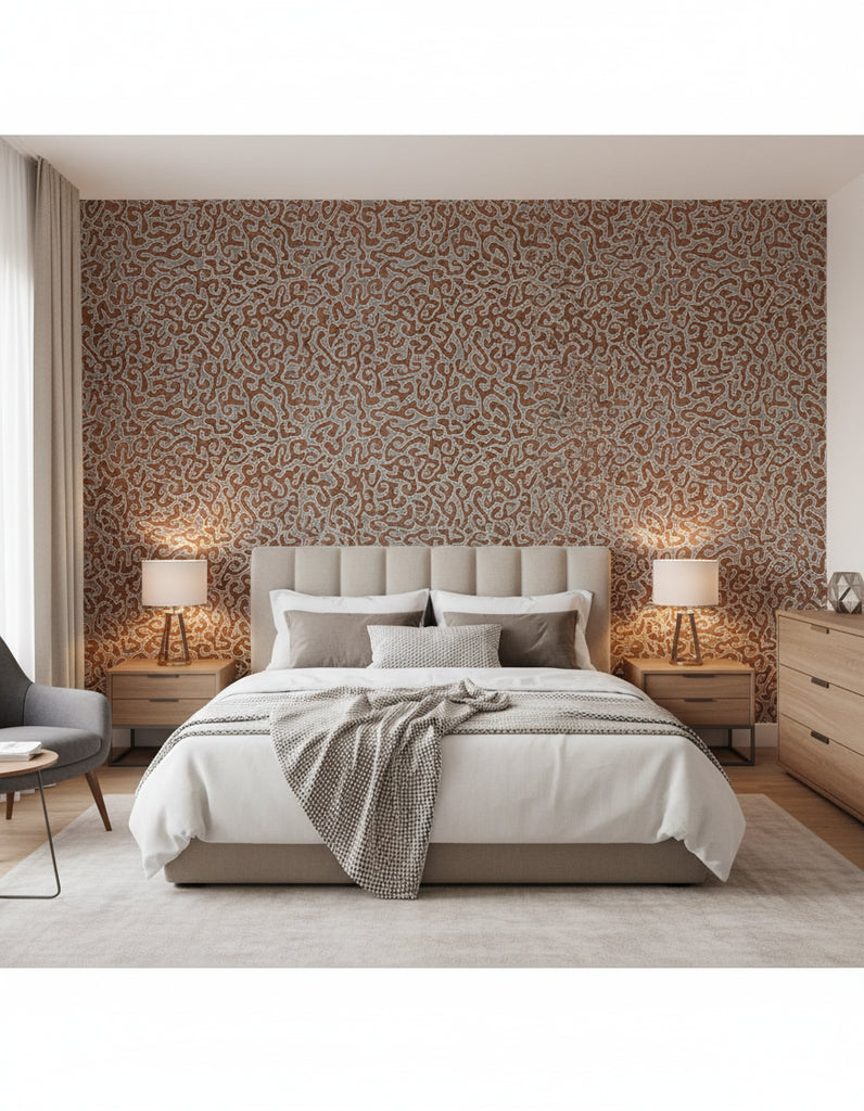 Java | Rust Wallpaper - Bedroom Visualization (AI-generated, may not be to scale. Verify pattern scale with product specifications.)