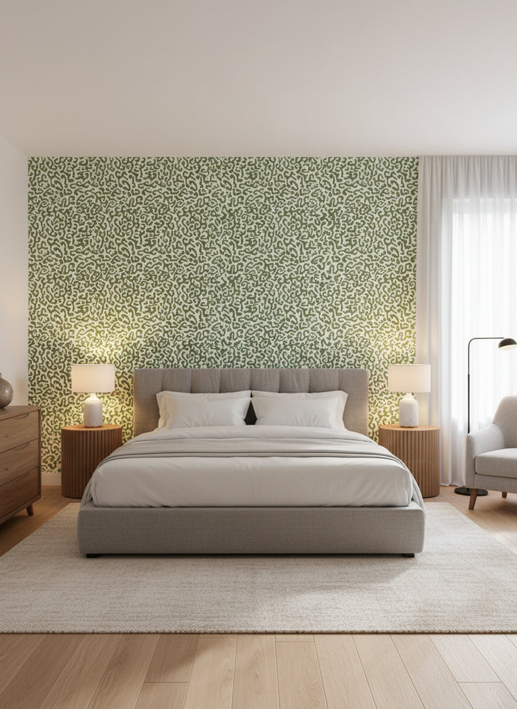 Java | Verdant Green Wallpaper - Bedroom Visualization (AI-generated, may not be to scale. Verify pattern scale with product specifications.)