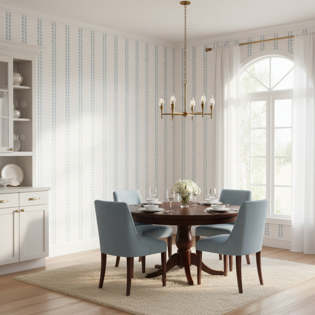 Agave Stripe French Blue | Thibaut Wallcoverings - Dining Room Visualization (AI-generated, may not be to scale. Verify pattern scale with product specifications.)