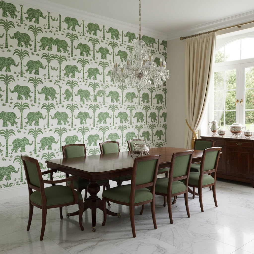 ELEPHANT Green | Thibaut Wallcoverings - Dining Room Visualization (AI-generated, may not be to scale. Verify pattern scale with product specifications.)