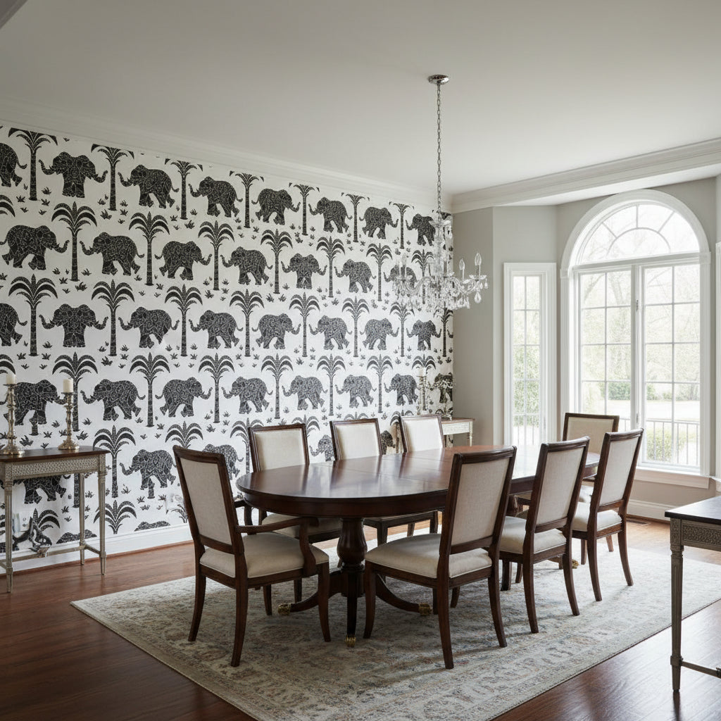 ELEPHANT Black | Thibaut Wallcoverings - Dining Room Visualization (AI-generated, may not be to scale. Verify pattern scale with product specifications.)
