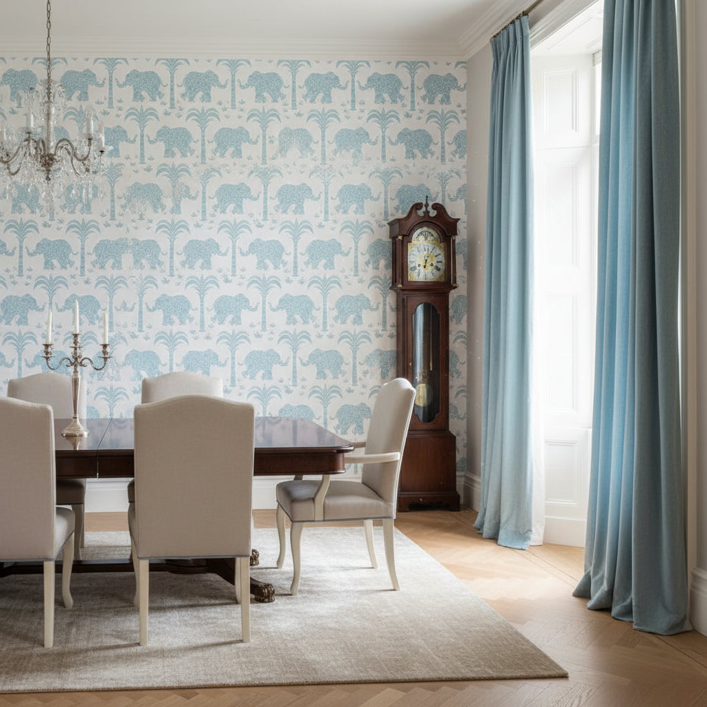 ELEPHANT French Blue | Thibaut Wallcoverings - Dining Room Visualization (AI-generated, may not be to scale. Verify pattern scale with product specifications.)